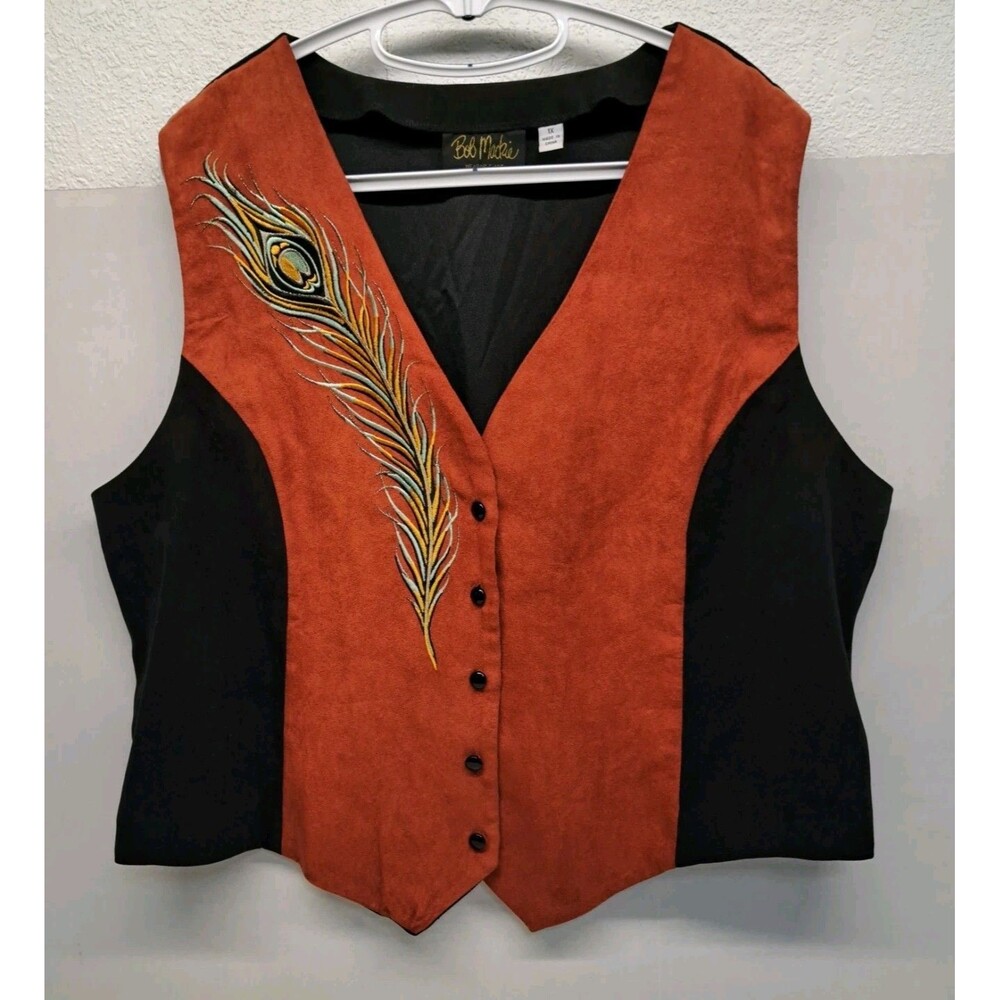 Bob Mackie Wearable Art Orange Black Embroidered Peacock Feather Vest Size XL